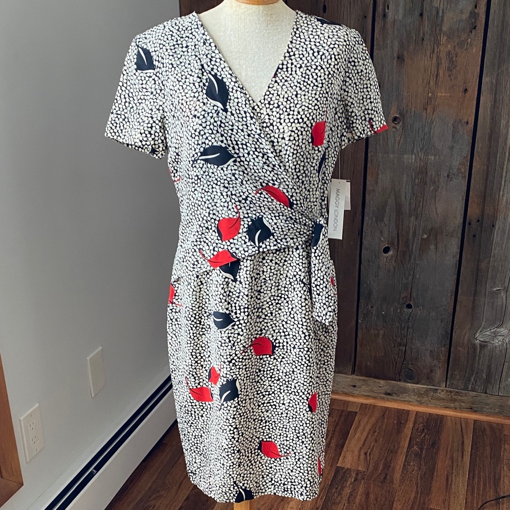 Maggie London 100% silk vintage NWT short sleeve midi faux wrap dress Sz 8